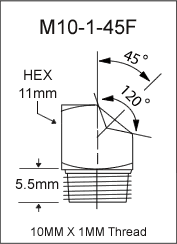 10MM X 1MM 45 Degree Flush Type Grease Fitting  drawing